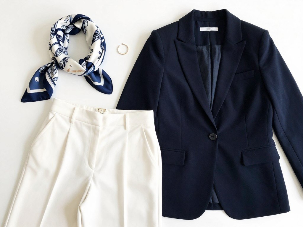 Navy blazer with white trousers outfit styled with silk scarf
