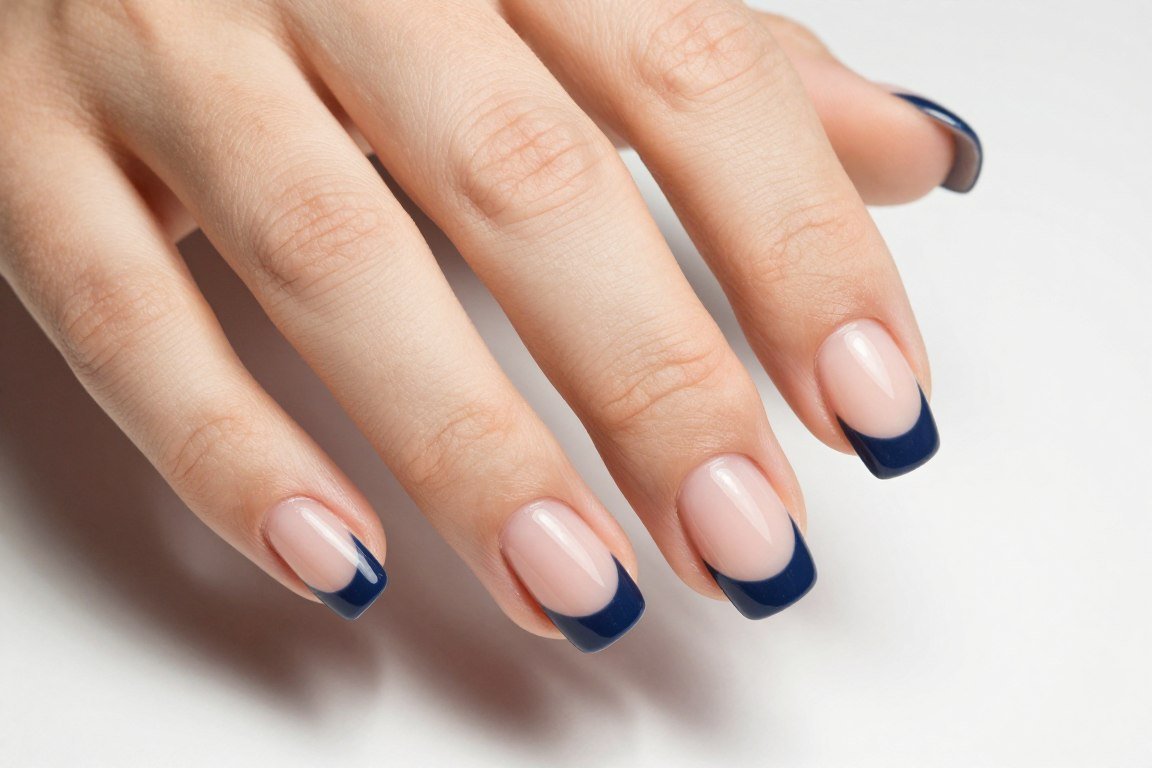 Navy blue French manicure tips on natural nail base
