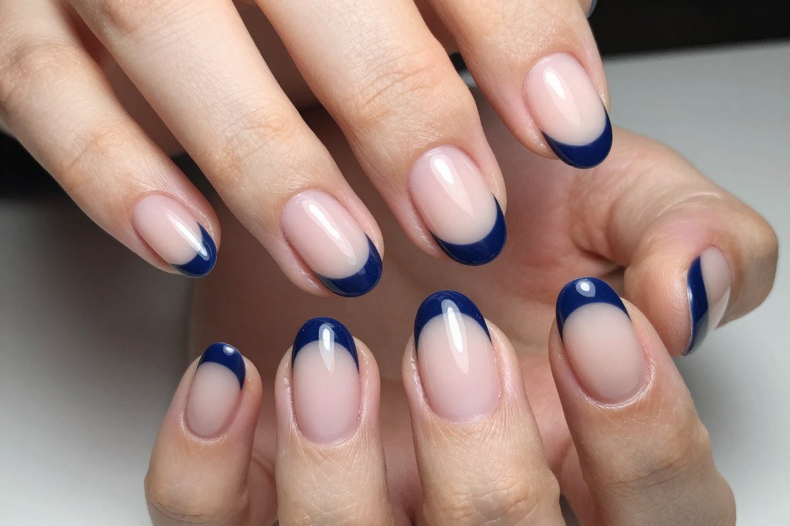 Navy blue French tips on oval nails with deep classic blue shade