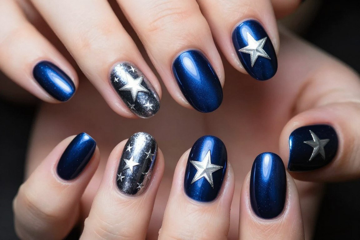 Navy blue chrome nail polish with raised silver star accents for July 4th