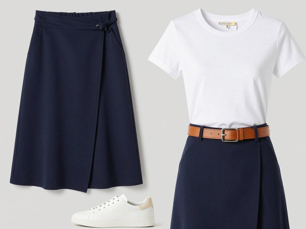 Navy wrap skirt paired with white fitted tee
