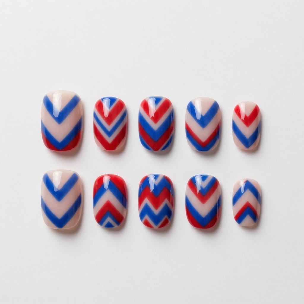 Negative space chevron nail art with red and blue patriotic design