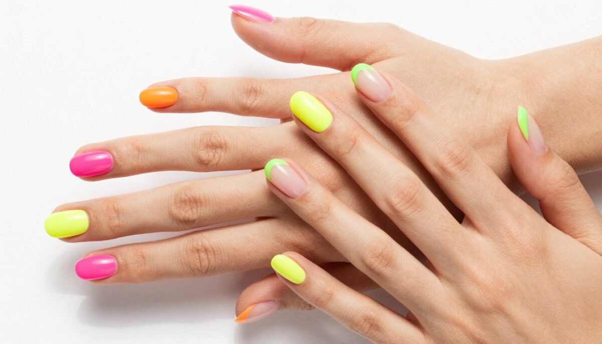 Neon colored french tip nails in bright summer shades