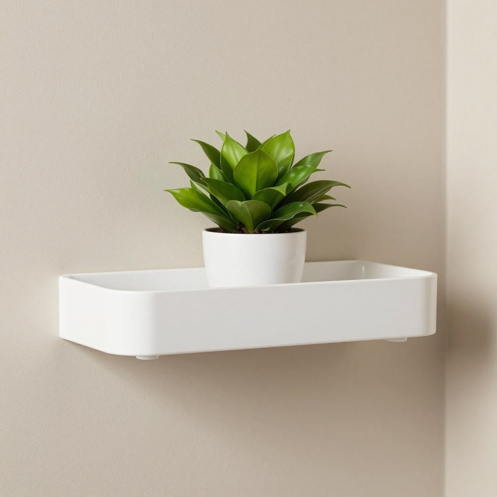 Neutral bathroom shelf with bright green plant accent