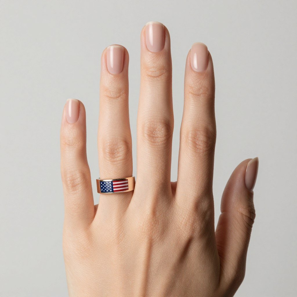 Neutral manicure with one patriotic accent nail featuring flag design