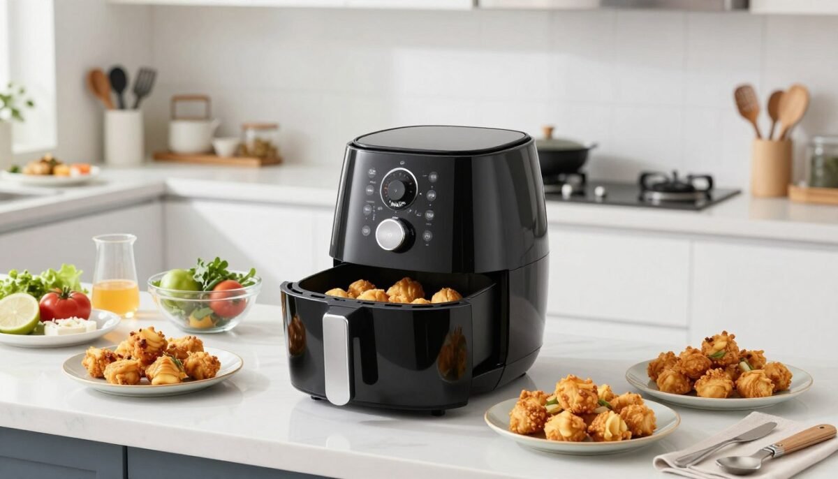 Ninja air fryer on kitchen counter with various crispy foods displayed around it Ninja air fryer on kitchen counter with various crispy foods displayed around it