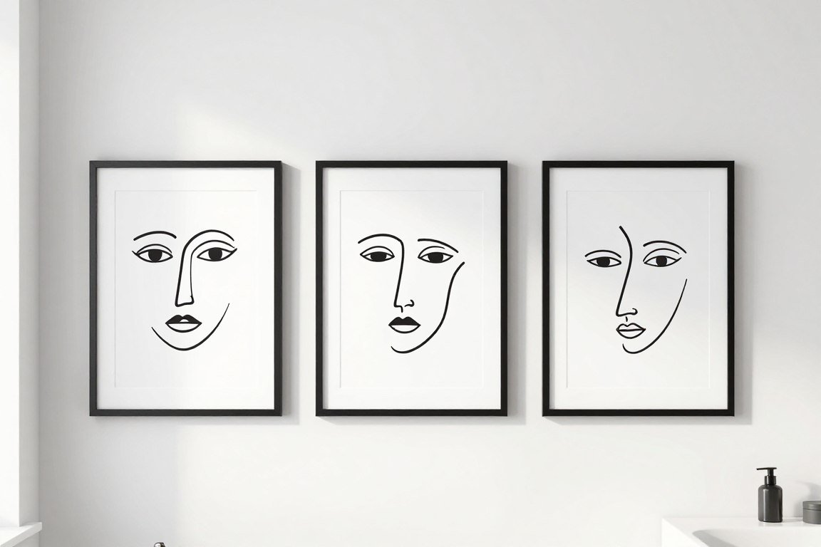 Nordic line art prints in minimalist bathroom