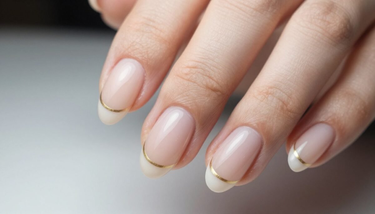 Nude French tips with thin gold stripe accent line for fall elegance
