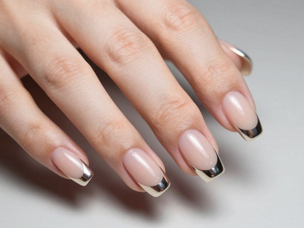 Nude chrome French tips on square nails with metallic reflective finish