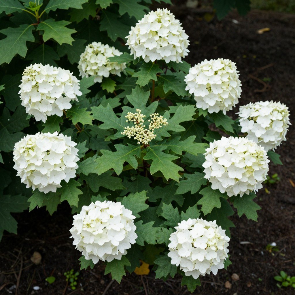 Oakleaf hydrangea with white flower clusters in shade