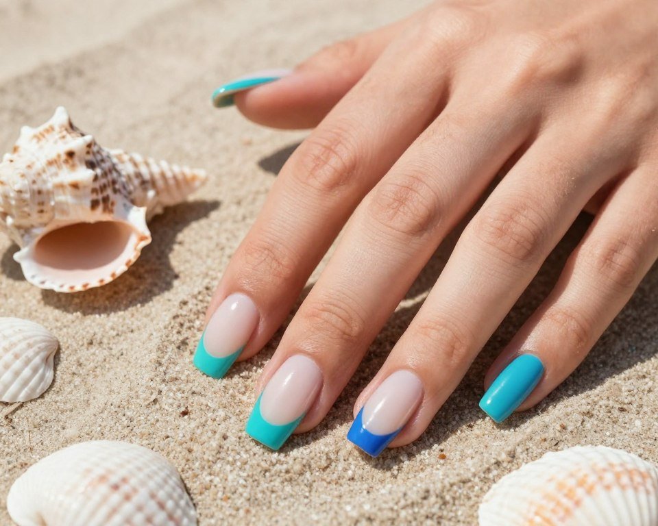 Ocean blue french tip nails with white base