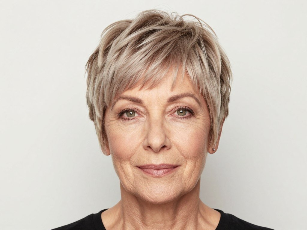 Older woman with heart-shaped face wearing flattering pixie cut