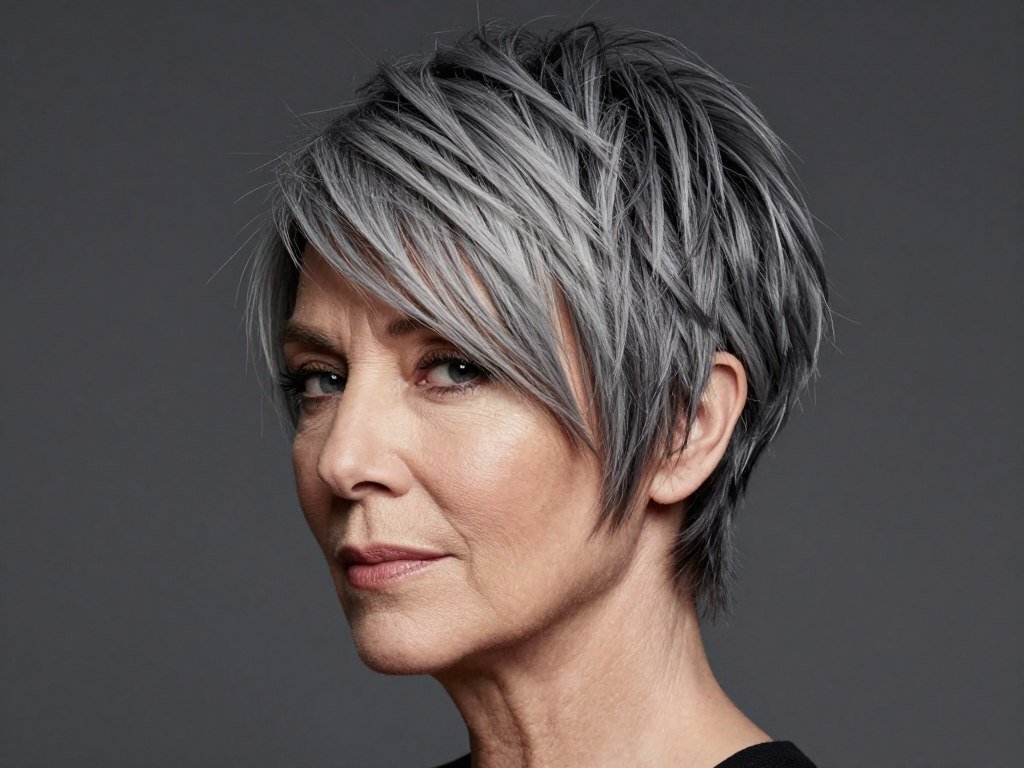 Older woman with pixie cut featuring disconnected layers for modern texture