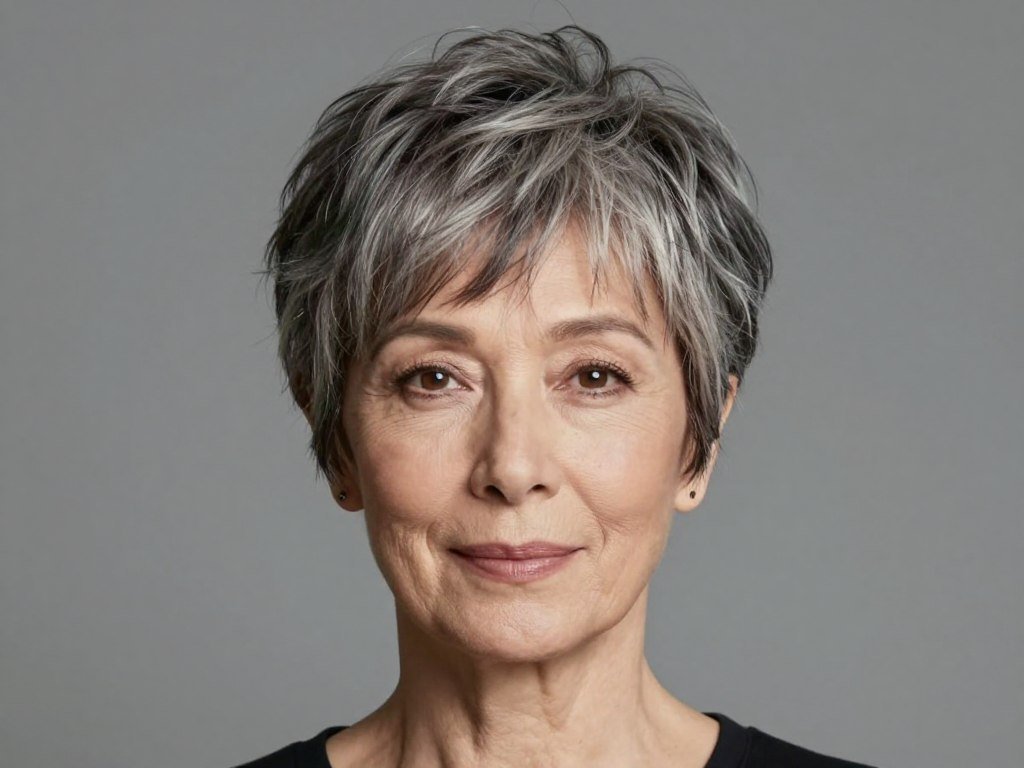 Older woman with pixie haircut featuring soft side bangs