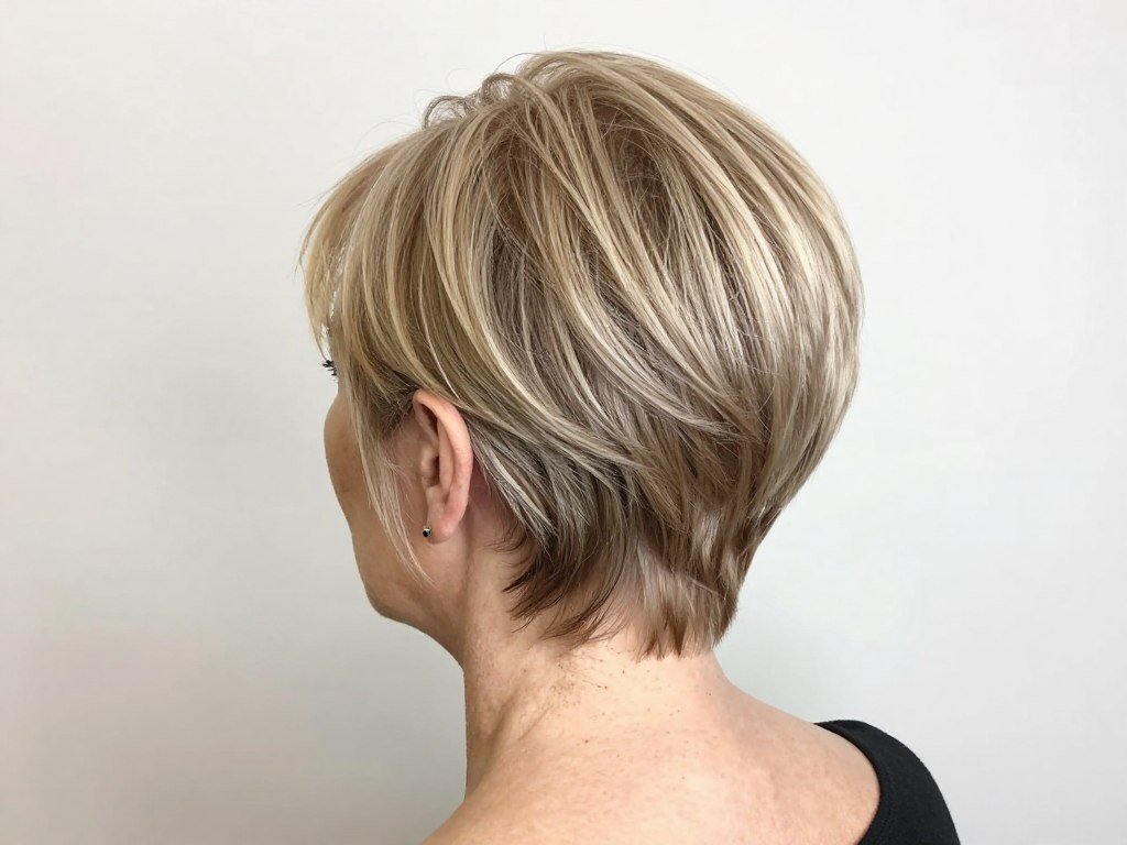 Older woman with soft pixie featuring wispy nape detail