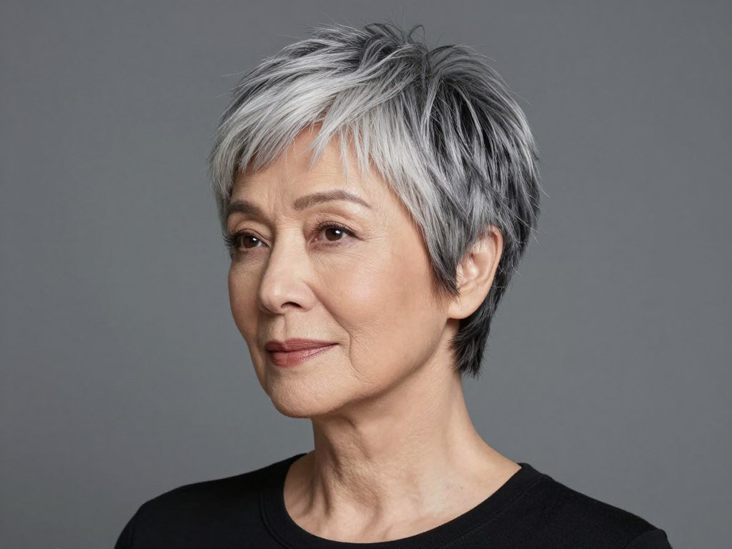 Older woman with subtly graduated pixie haircut