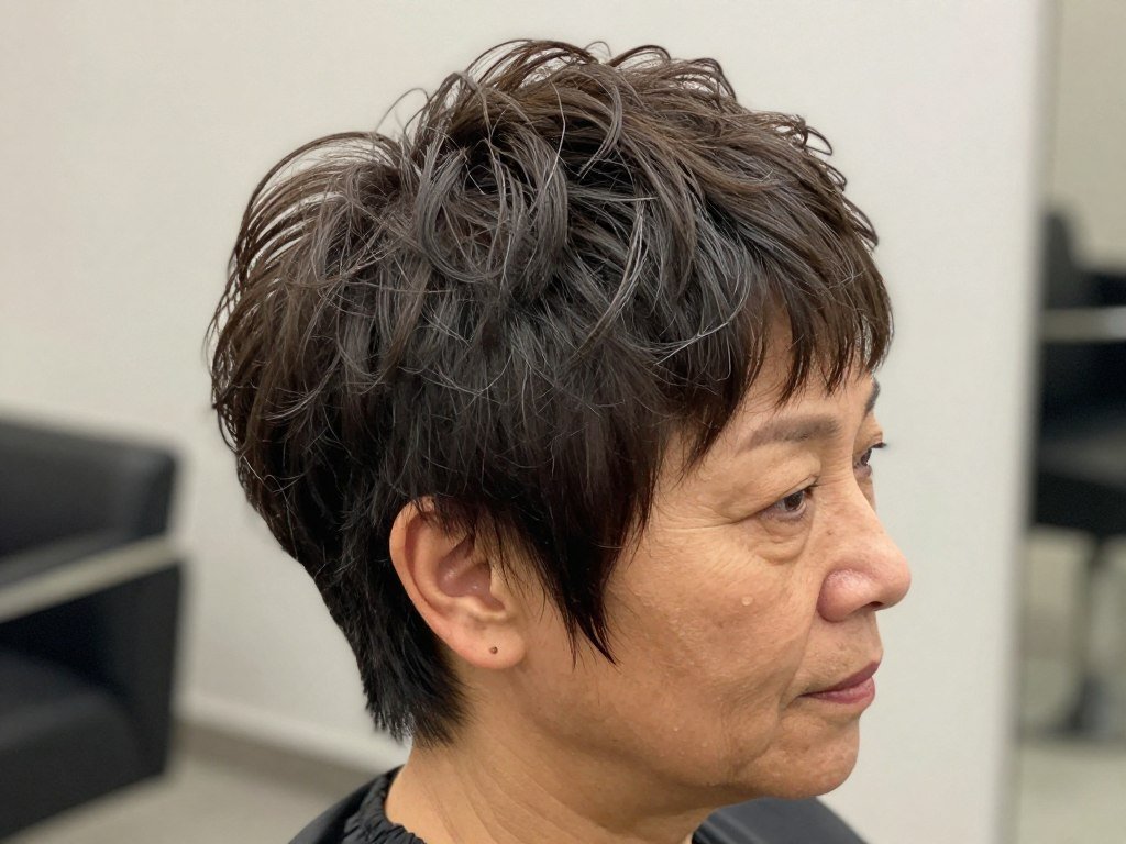 Older woman with textured pixie haircut emphasizing root lift