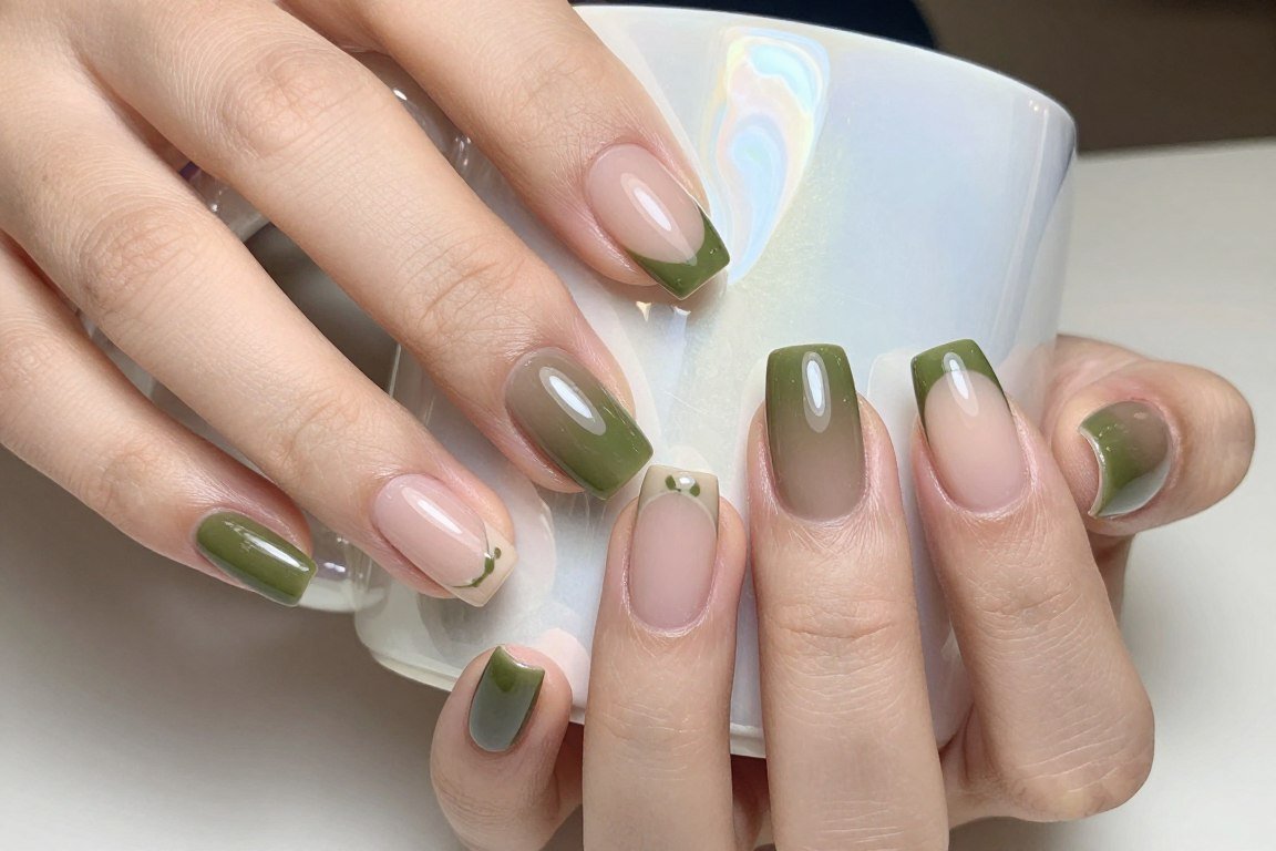 Olive green French tips on square nails with muted military-inspired shade