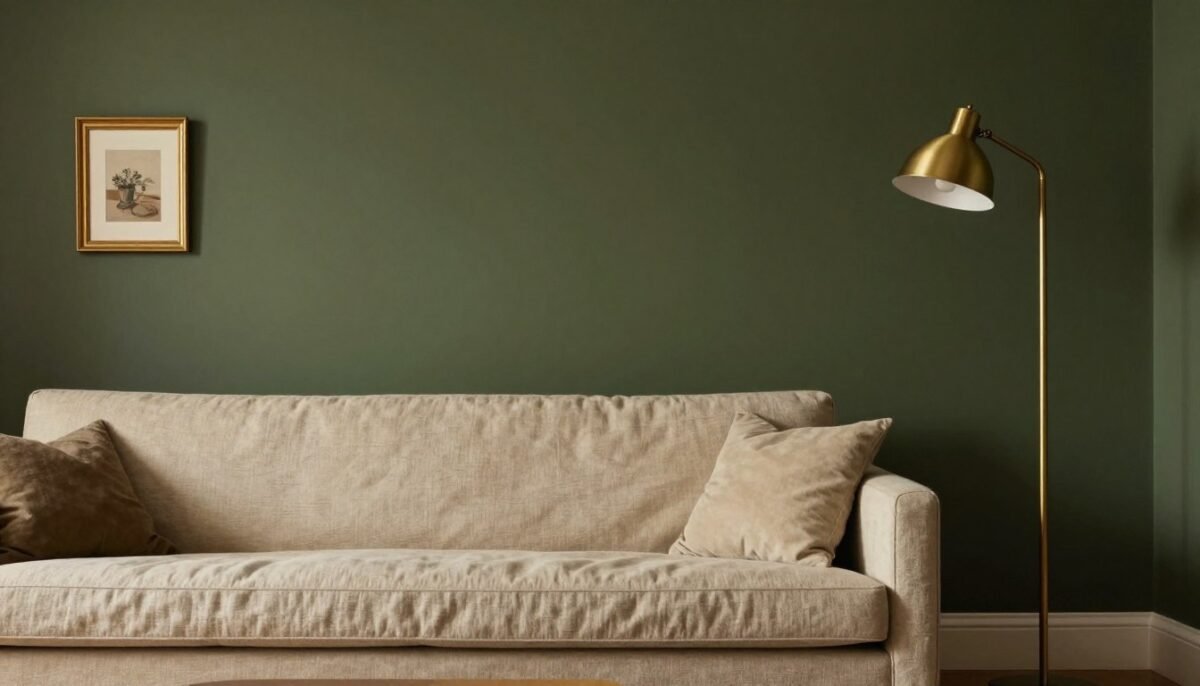 Olive green accent wall behind beige sofa in living room