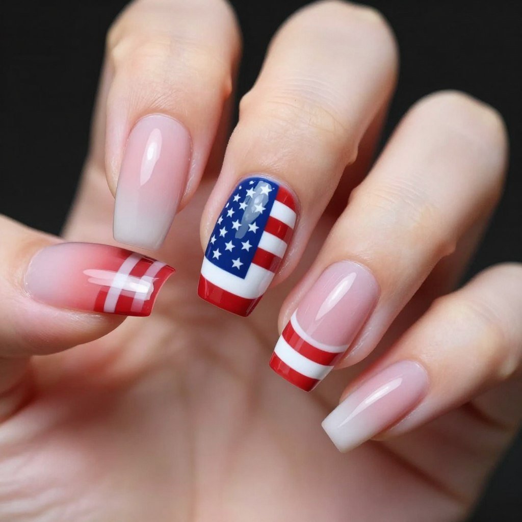 Ombre American flag nail art with soft color transitions between stripes