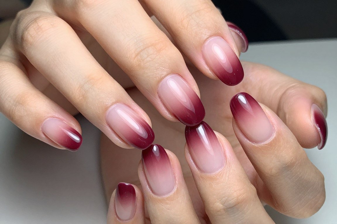 Ombre French tips blending burgundy to nude on coffin nails for fall