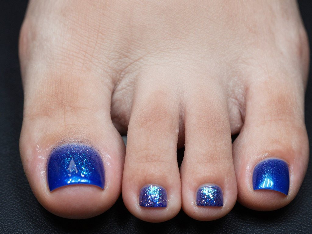 Ombre glitter effect on toe nails with dense glitter at tips fading to solid color