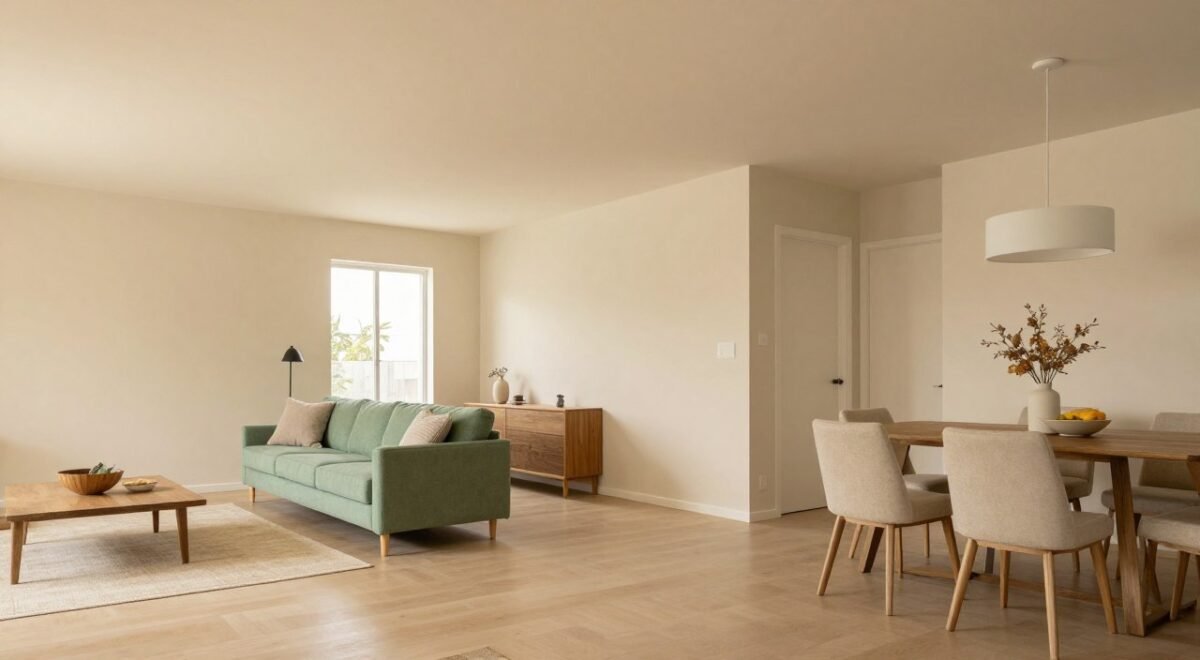 Open concept living space with green and beige color scheme throughout