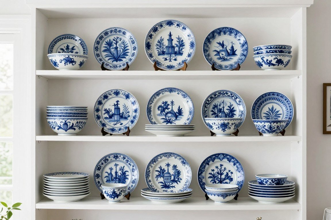 Open shelving displaying blue and white china collection