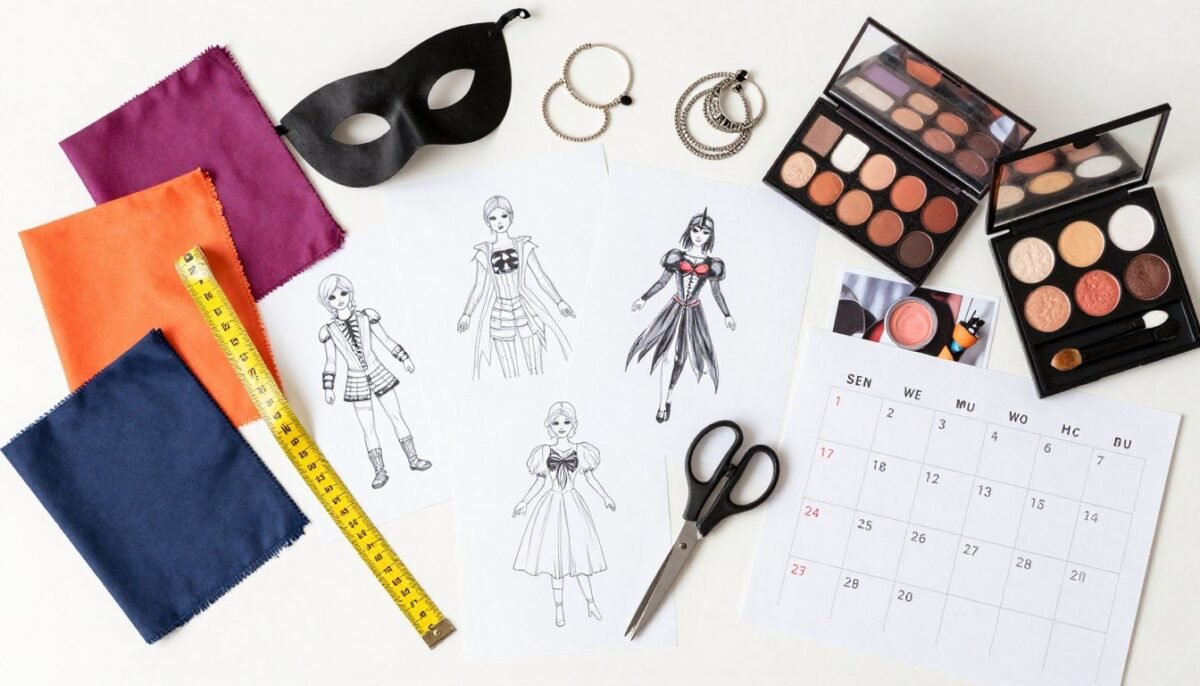 Organized Halloween costume planning workspace with fabrics and accessories Organized Halloween costume planning workspace with fabrics and accessories