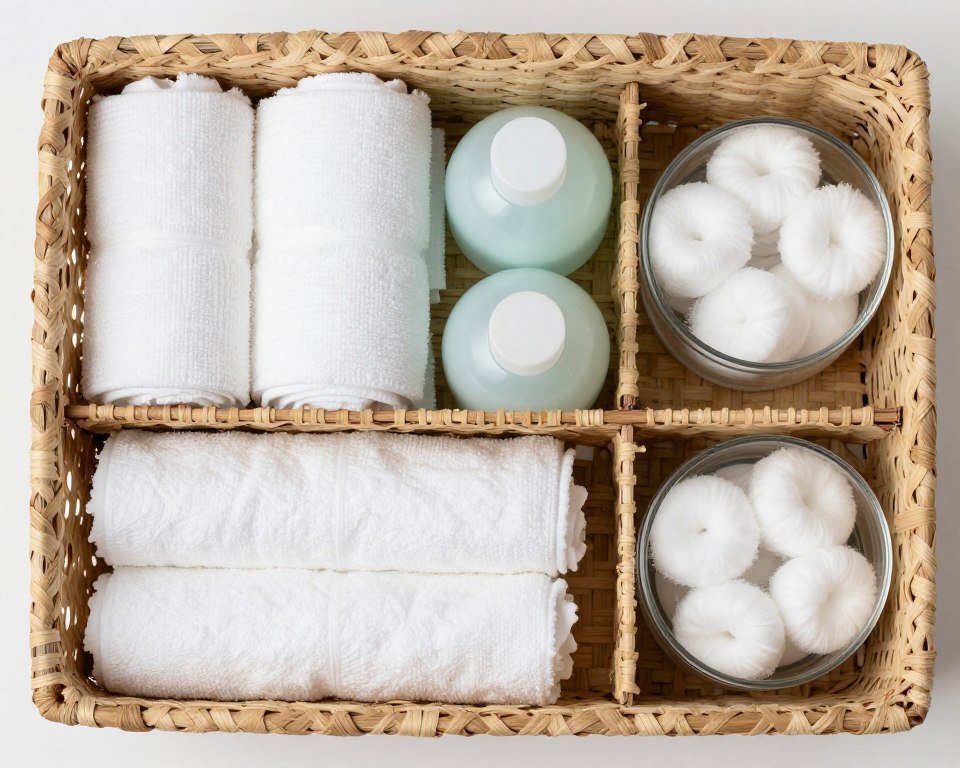 Organized bathroom items inside woven basket