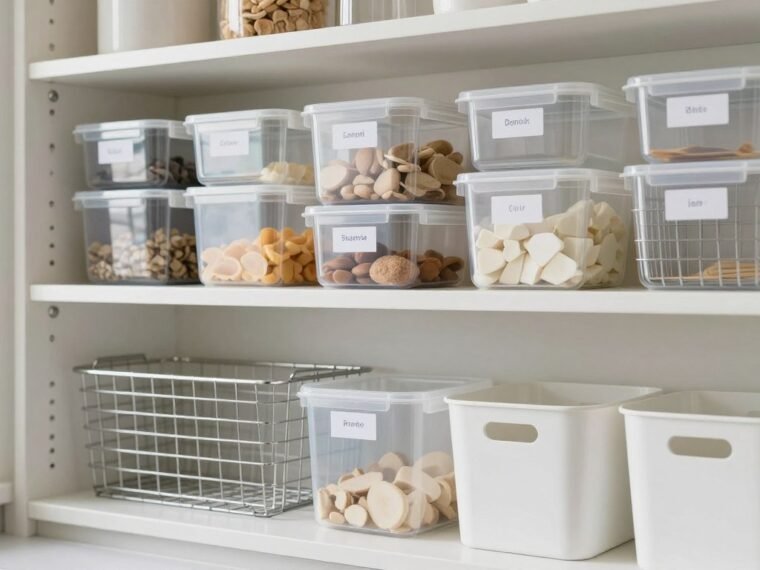 Organized kitchen cabinet shelves using Dollar Tree storage containers and organizers