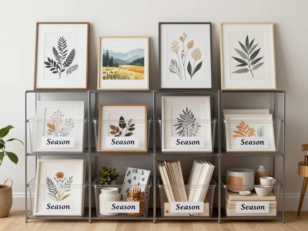 Organized storage of seasonal bathroom artwork