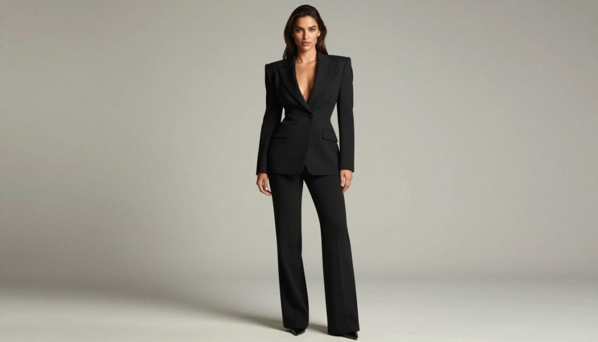 Outfit showing balanced proportions for broad shoulders and large bust Outfit showing balanced proportions for broad shoulders and large bust
