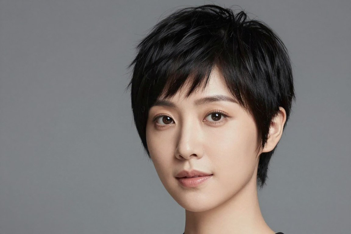 Oval face shape with short choppy haircut showing versatility