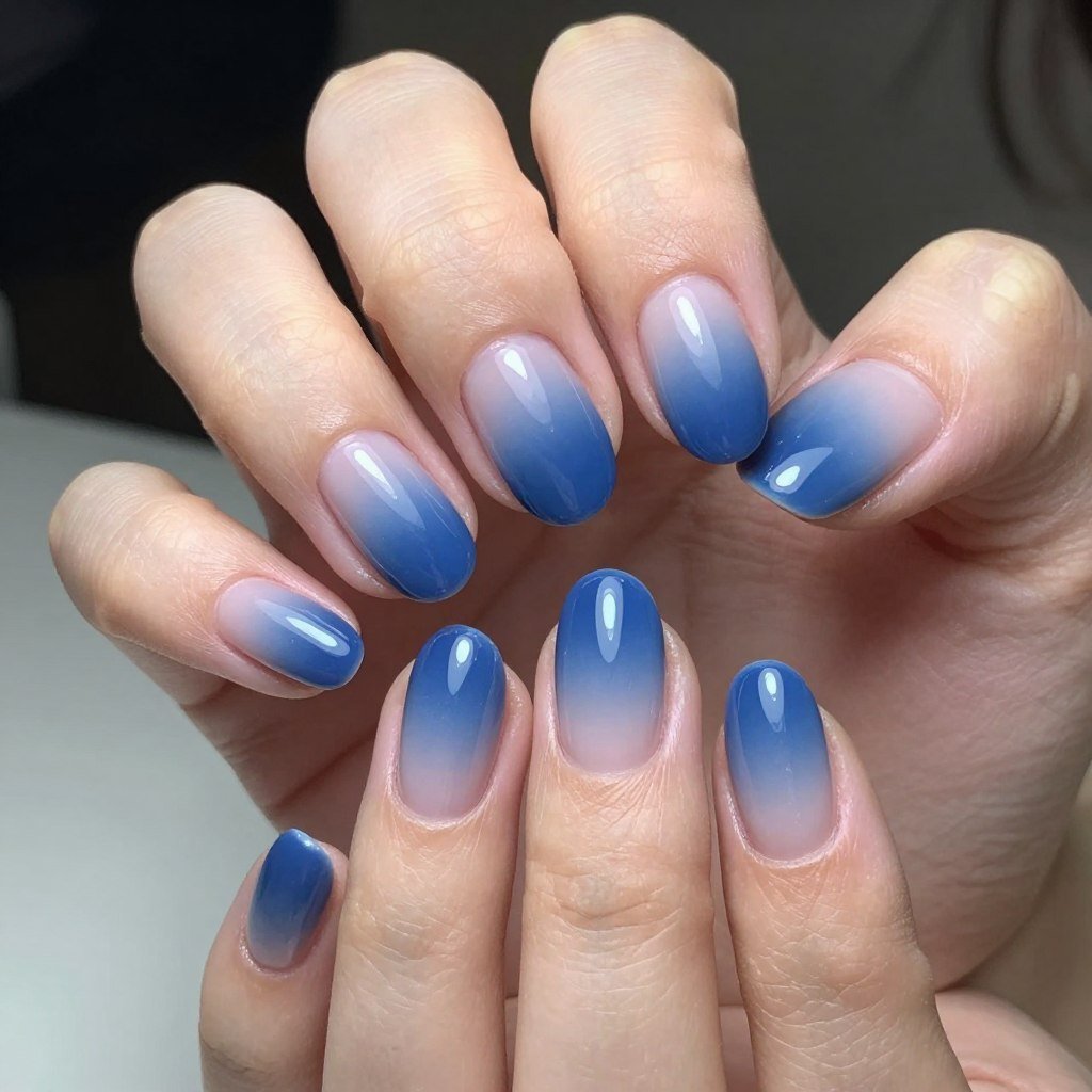 Oval shaped nails with elegant gradient patriotic design