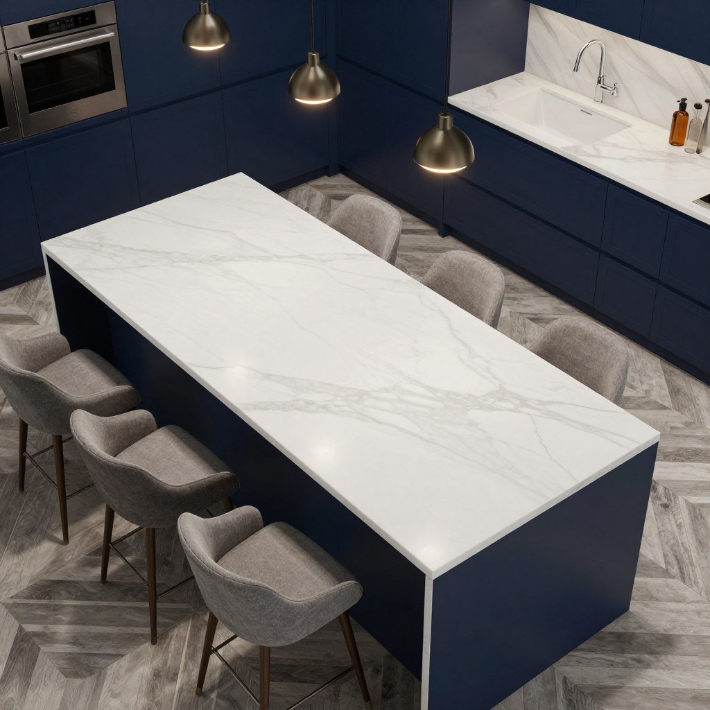 Overhead view of blue kitchen island with white marble countertop