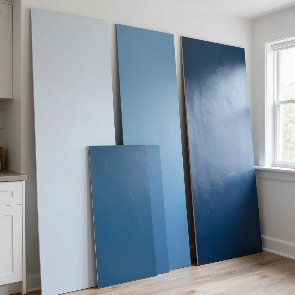 Paint color samples in different blues tested in kitchen