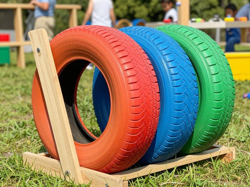 Painted tire used as creative mud kitchen sink