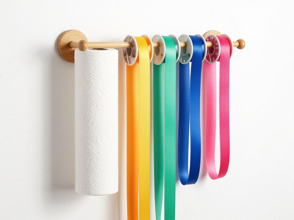 Paper towel holder repurposed to organize spools of ribbon