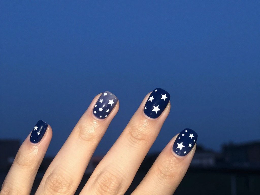 Patriotic gel nail designs with navy blue base and scattered white stars for July nail art