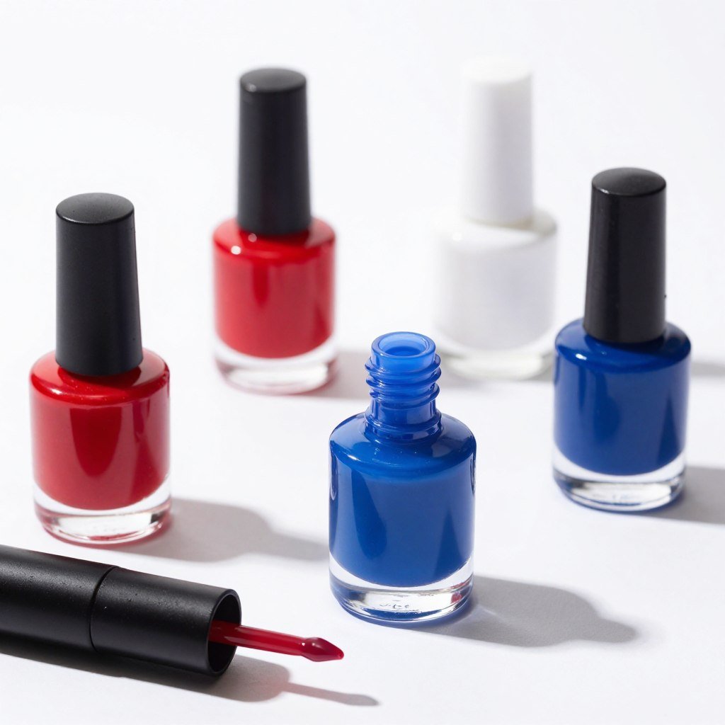Patriotic nail polish set with red white and blue bottles plus top coat