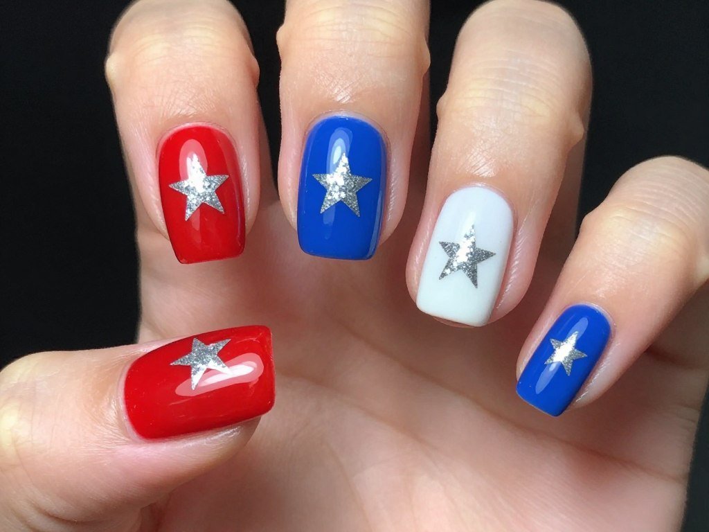 Patriotic nails with scattered silver glitter star accents