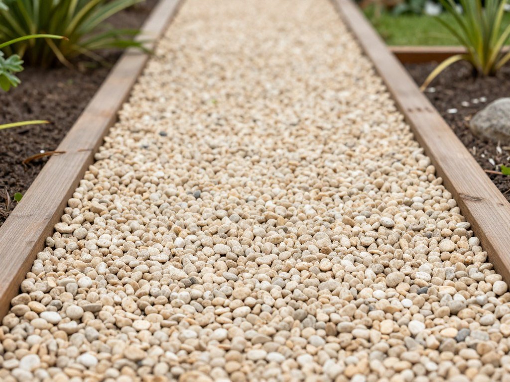 Pea gravel garden path with wooden edging