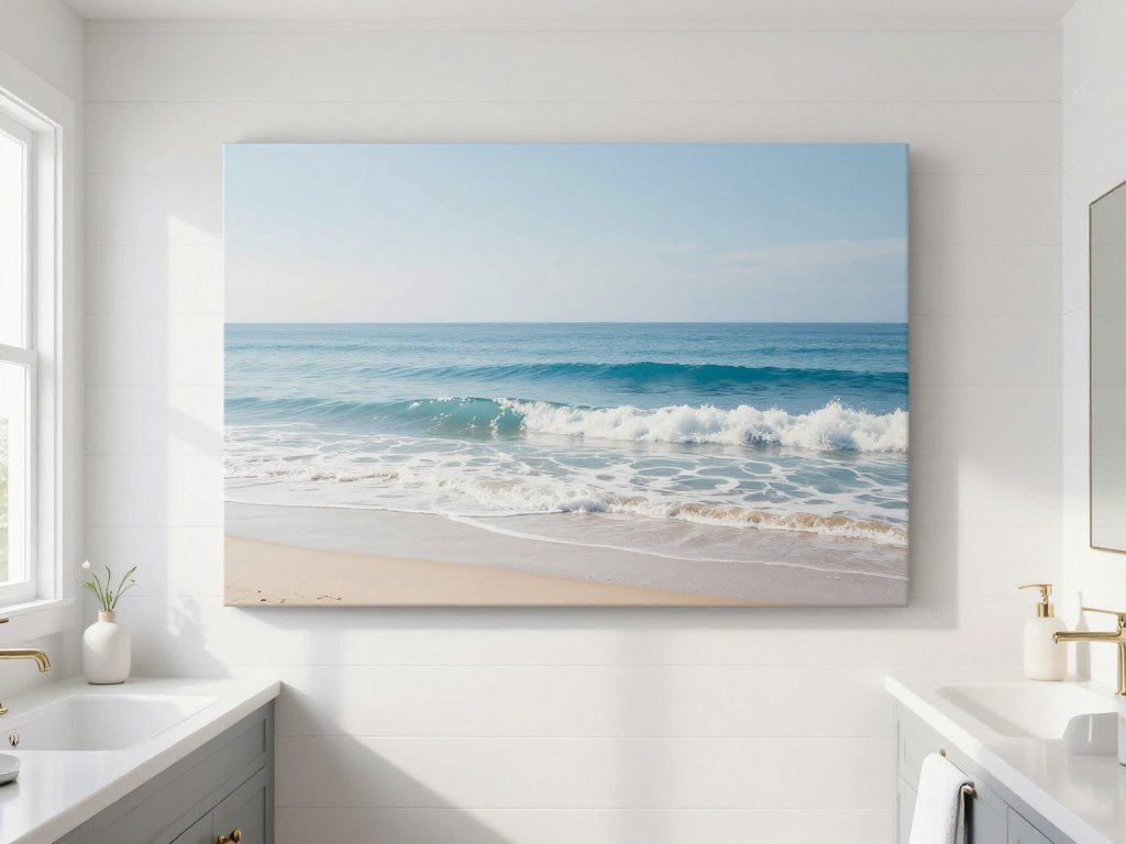 Peaceful ocean wave canvas art in coastal bathroom setting