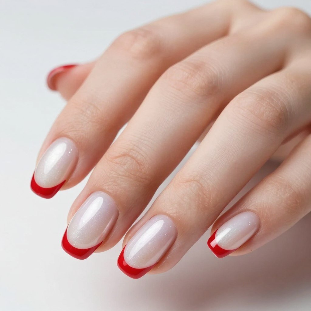Pearl white nails with thin red French tips for classy patriotic look