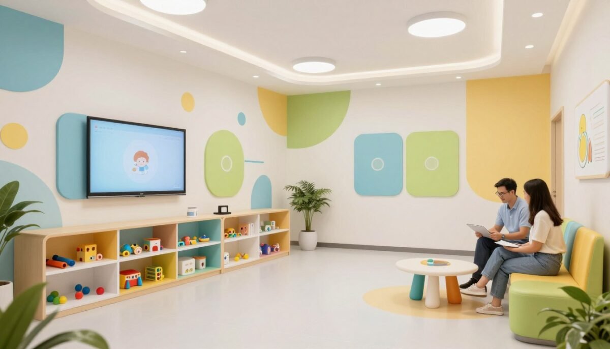 Pediatric dental clinic waiting area with child-friendly design and colorful accents