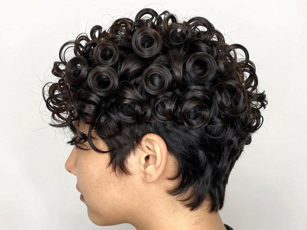 Perfectly defined curly pixie styled with gel