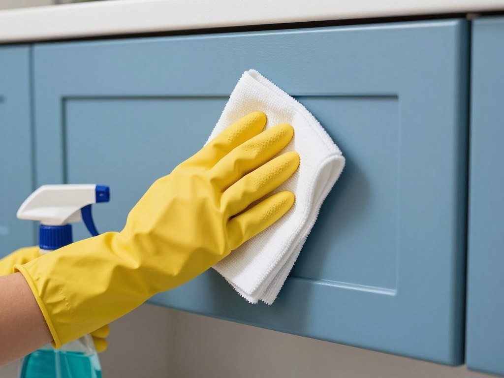 Person cleaning blue kitchen cabinets with soft cloth