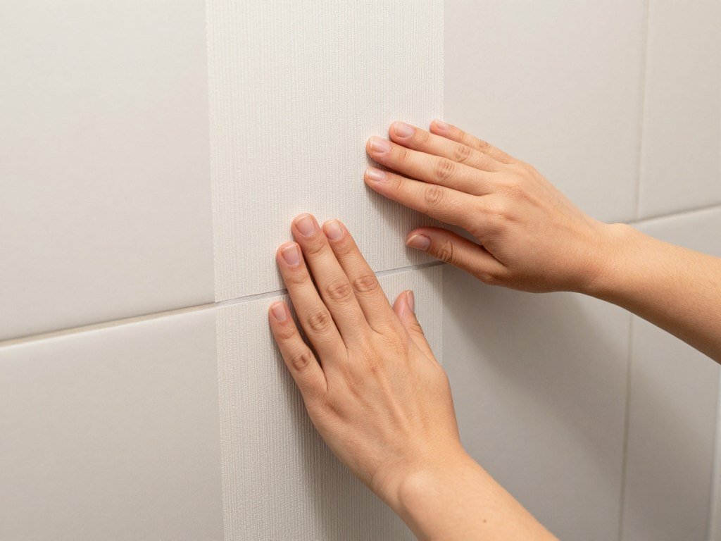 Person installing peel-and-stick wallpaper in small powder bathroom