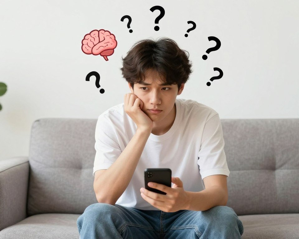 Person thinking while playing 20 questions game through text messages
